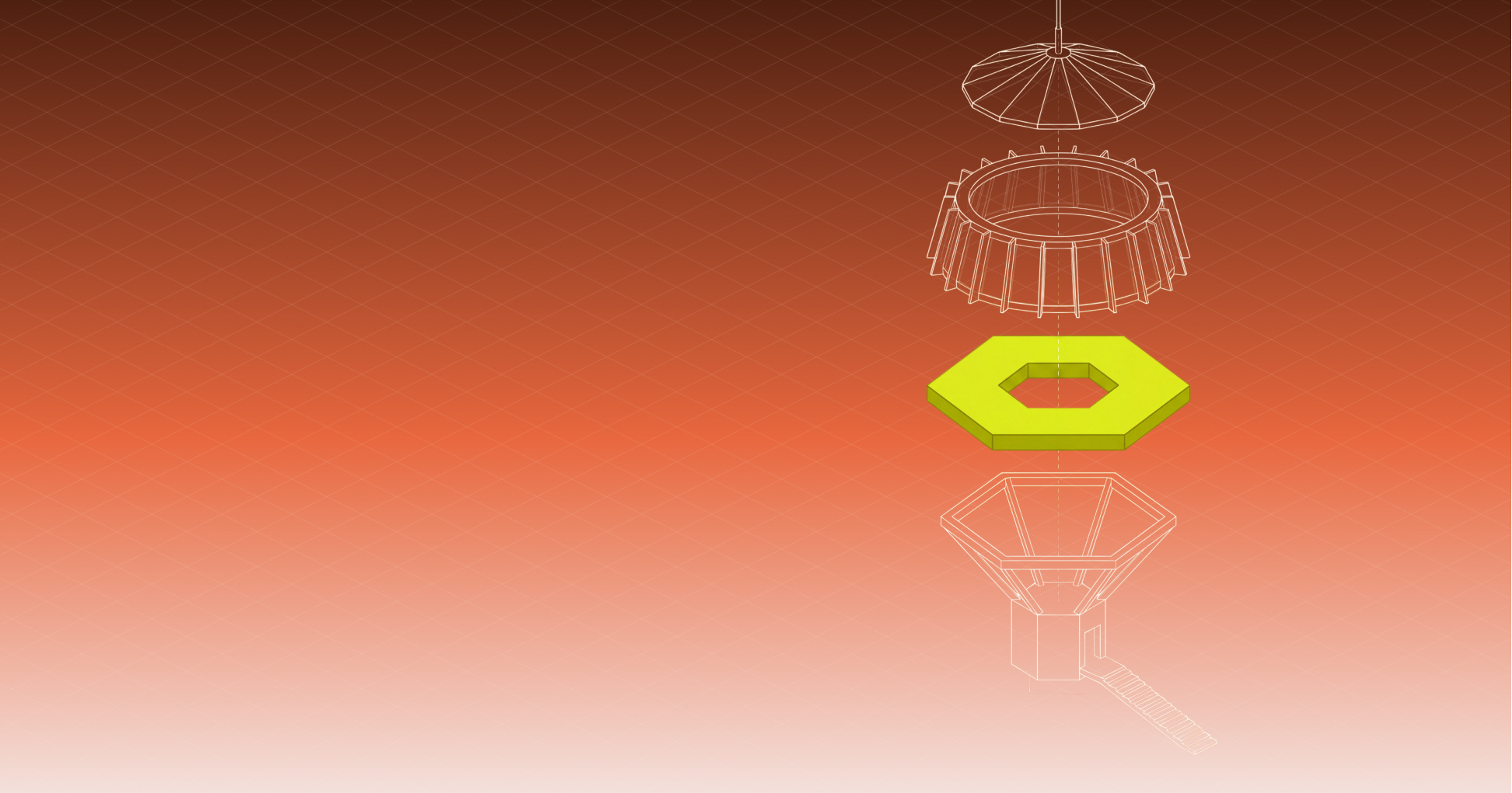 Komodor blueprint illustration: an exploded isometric structure with a lime hexagon plate on a warm umber-to-peach gradient