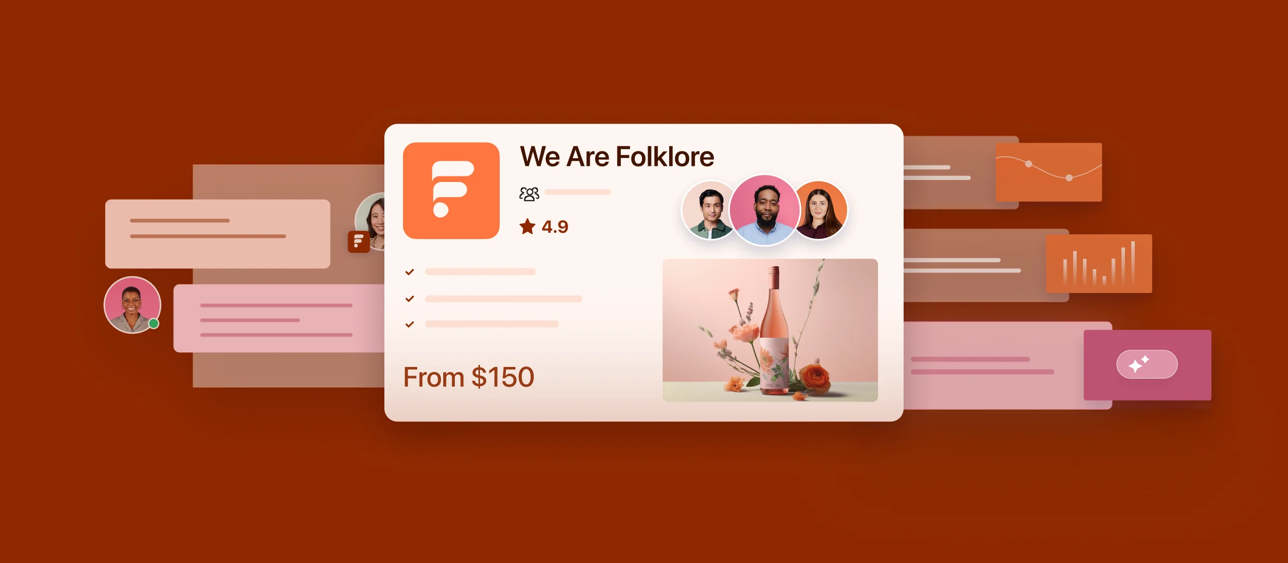 Agencies landing page elements: the We Are Folklore agency card with rating, price and team avatars