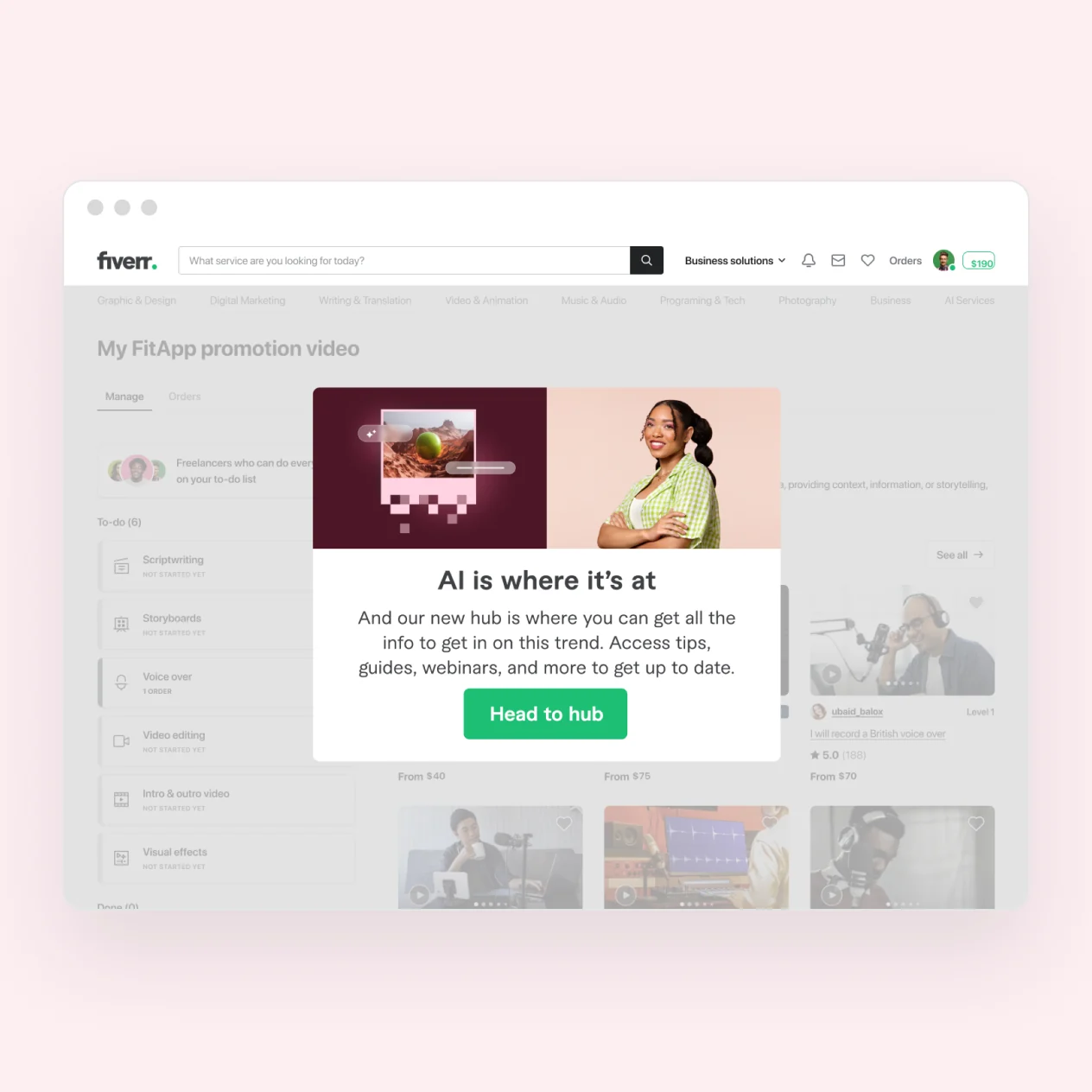 “AI is where it’s at” popup on the Fiverr site