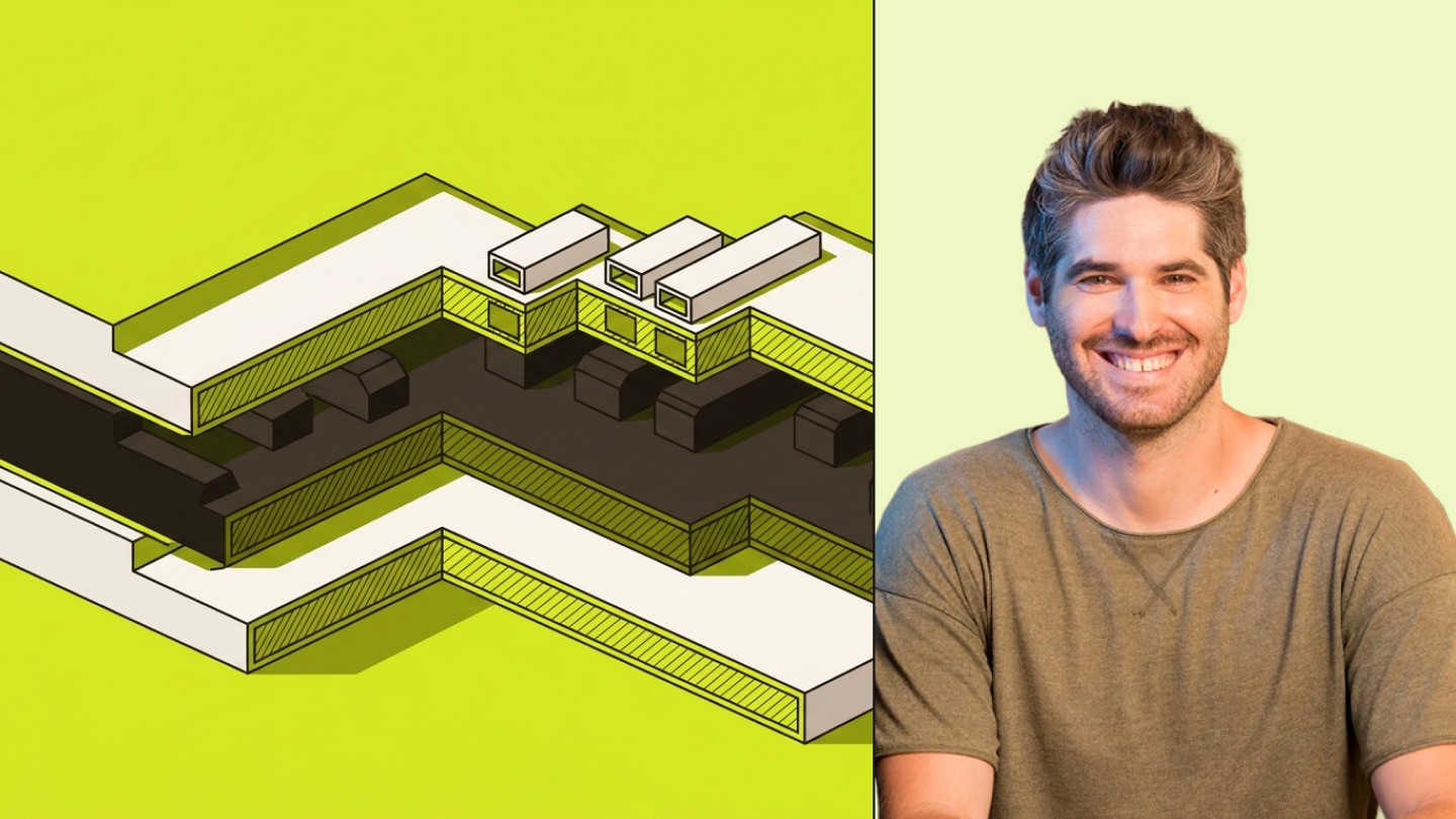 Blog cover: flat isometric corridors in lime, paper and charcoal with hatching