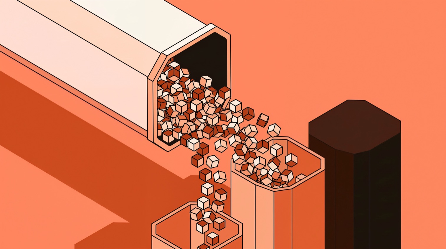 Blog thumbnail: cubes pouring from one hexagonal column into another, on peach