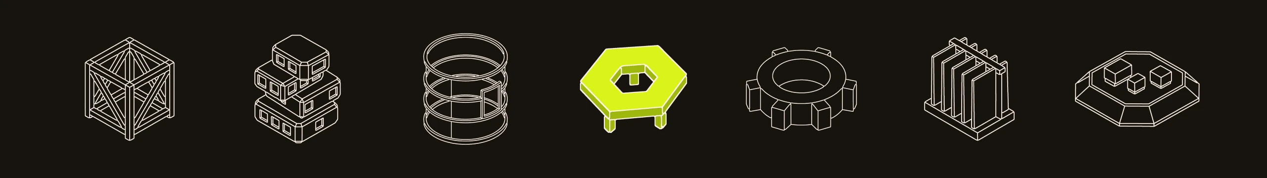 Seven isometric arc shapes on ink - truss, habitat, seam ring, a lime sky deck, collar, fins and pod cap