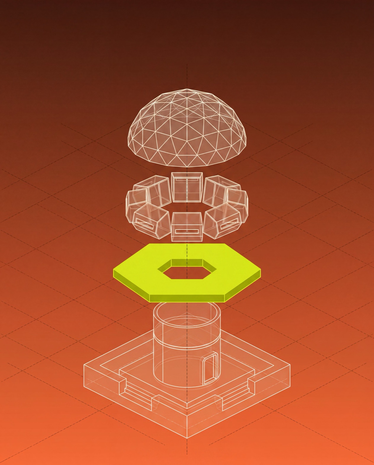 Observation habitat in exploded view: a wireframe dome, a ring of pods and a lime hexagon plate above a base, on an umber-to-peach gradient