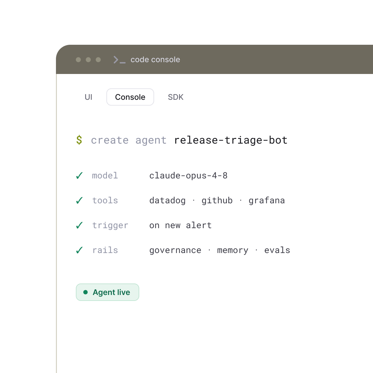 Build: code console creating the agent “release-triage-bot”