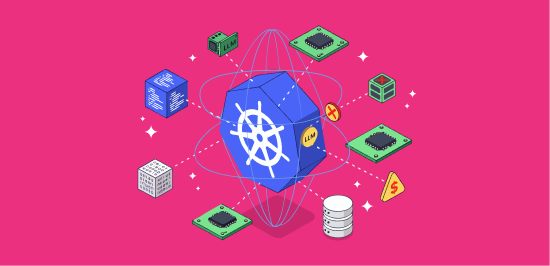 Old blog illustration on magenta: an isometric Kubernetes cube surrounded by chips and servers