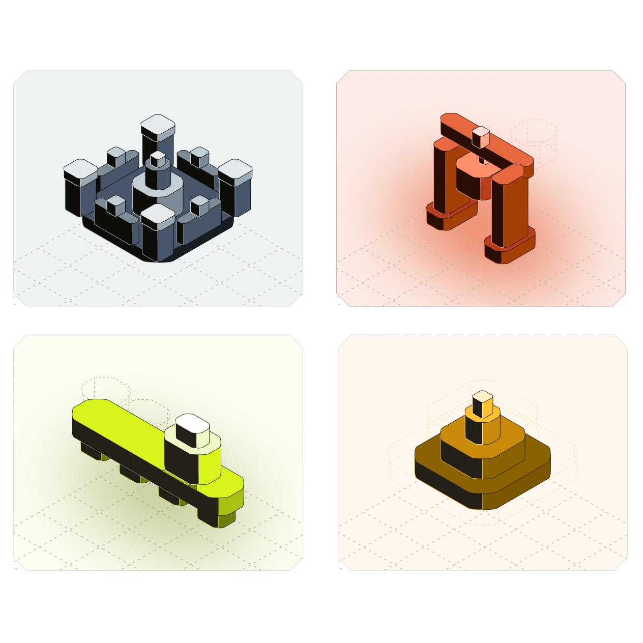 Four isometric structure sketches: a fortress, a gate, a long beam and a stacked pyramid, each on its own coloured card