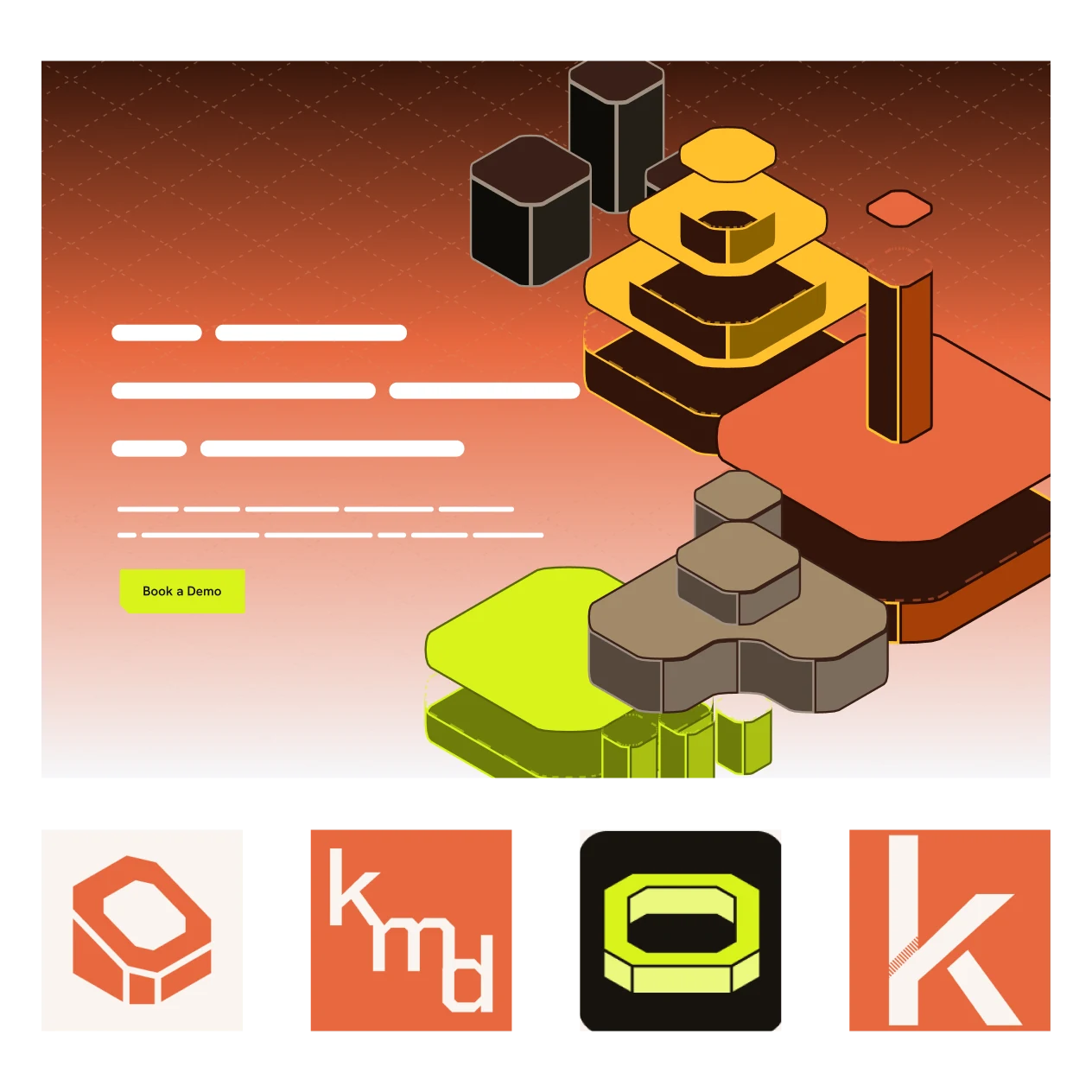 Hero direction in Peach and Lime with stacked isometric shapes, above four mark and icon sketches: an isometric o, a k-m-d monogram, a lime o app icon and a k