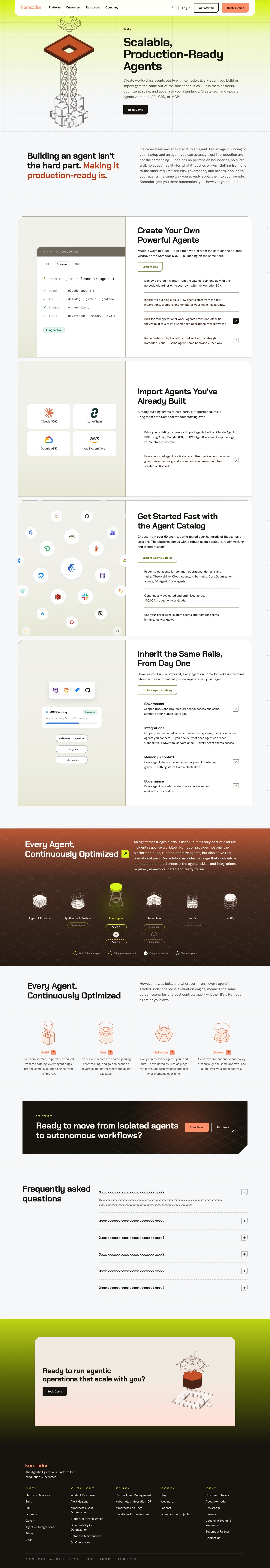komodor.com Build page: “Scalable, Production-Ready Agents” on a lime wash