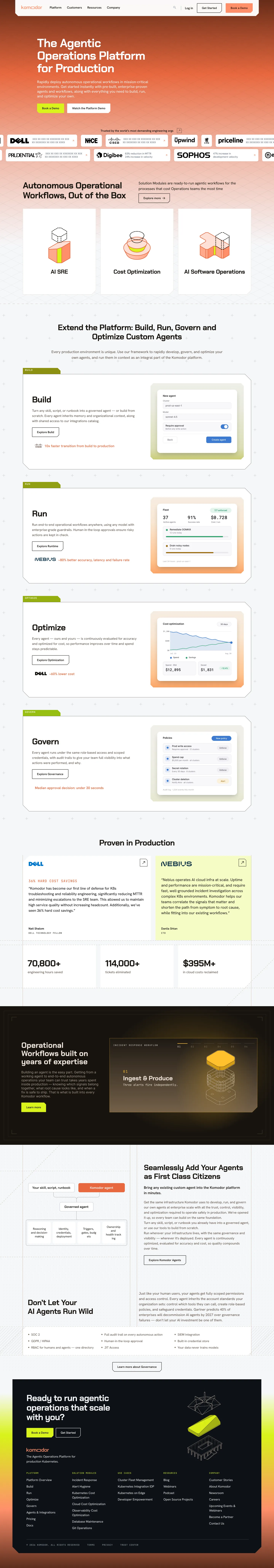 The new komodor.com homepage: “The Agentic Operations Platform for Production” on an umber-to-peach gradient