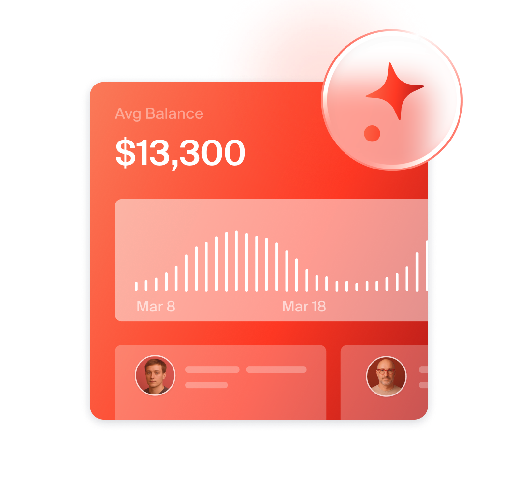 Expense AI card: average balance chart with a glass sparkle badge