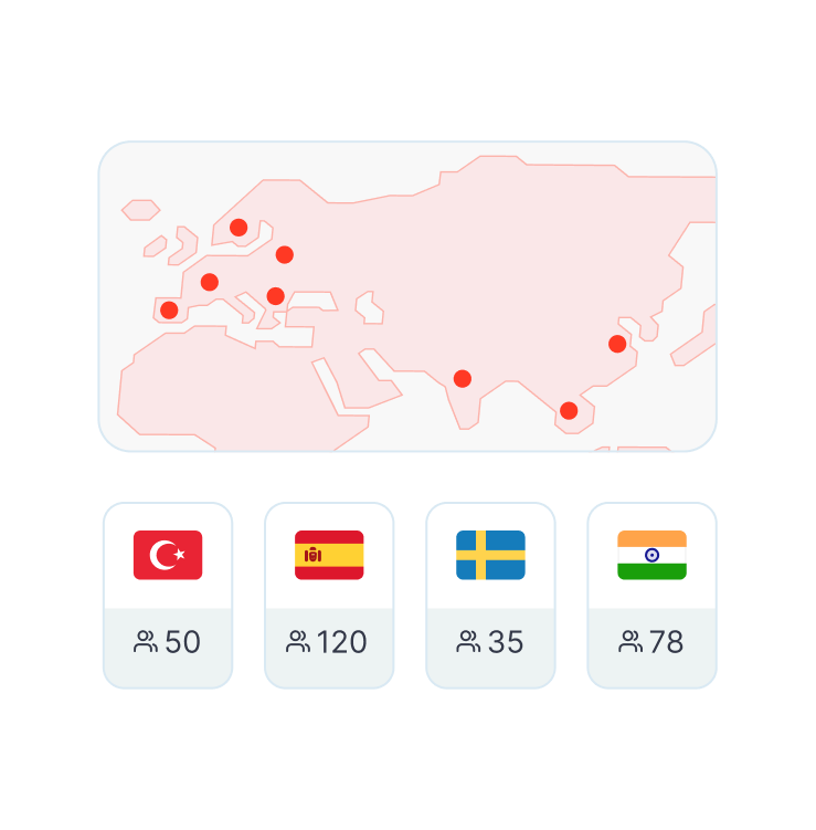 Global map illustration with country headcount chips