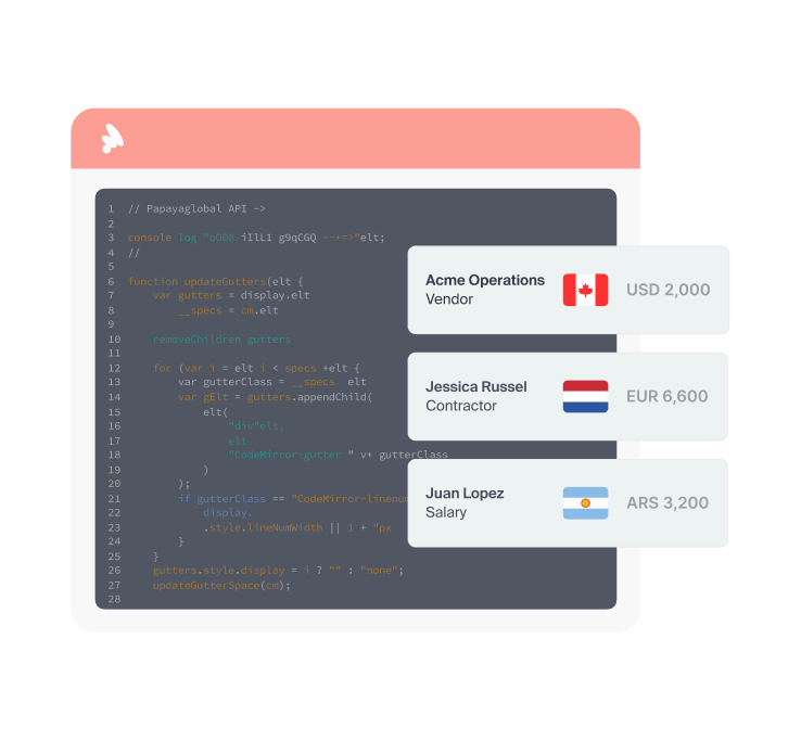 Payroll API scene: code panel with contractor payment cards