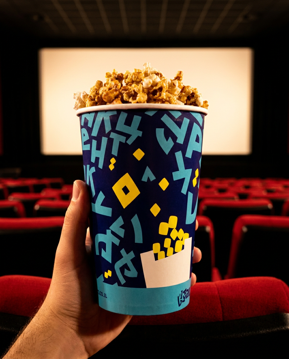 An XCCENT popcorn cup in the cinema hall